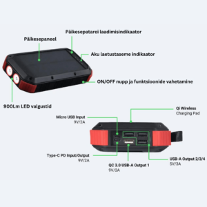 Akupank päikesepatareidega USB ja muud pordid